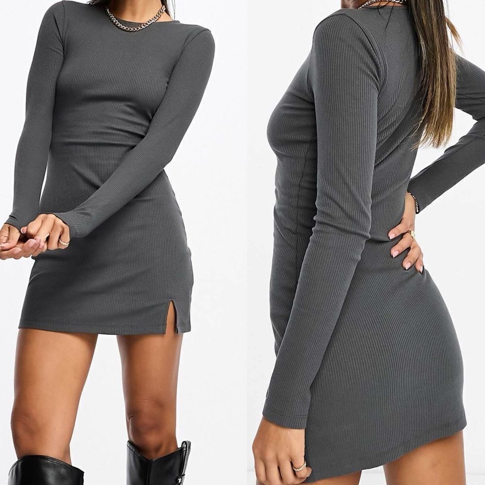 ASOS long sleeve ribbed mini dress split hem gray body-con crew neck 2 EUC